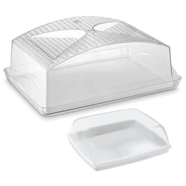 Imagem de Kit Boleira Retangular com Tampa UZ e Porta Frios Queijo Presunto Coza Suporte Café Mesa