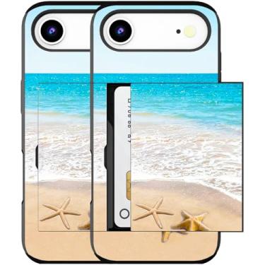 Imagem de MUQR Capa para celular 17 Air compatível com porta-cartão fofo - Capa tipo carteira robusta com design Kawaii, proteção contra quedas de nível militar para mulheres (preto praia estrela-do-mar verão)