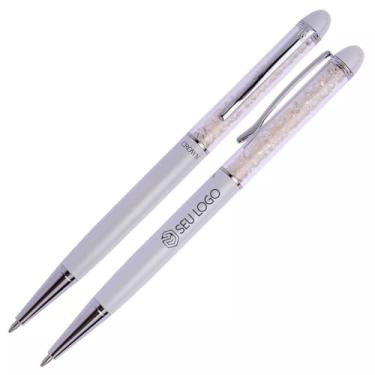 Imagem de Caneta Crown Presente Personalizada com Nome Simbolo Logo Empresa Cristal Original Elegante Pedras Brilho (Branco)