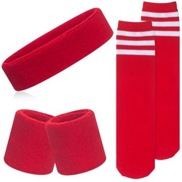 Imagem de ONUPGO Conjunto de 5 peças de meias para crianças – faixa de cabeça esportiva, pulseiras, meias altas listradas para crianças, jovens, crianças pequenas e bebês – futebol, basquete, corrida, ciclismo