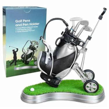 Imagem de 10L0L Suporte de caneta de golfe com 3 peças de canetas de golfe conjunto de presente lembranças de corrida de golfe presentes exclusivos para colegas de trabalho fãs de golfe - prata + preto