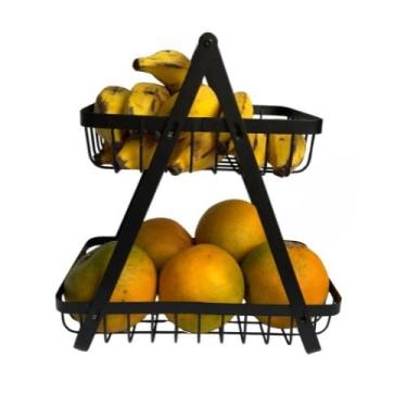 Imagem de Fruteira de mesa 2 andares metal com alça de madeira(PRETO)
