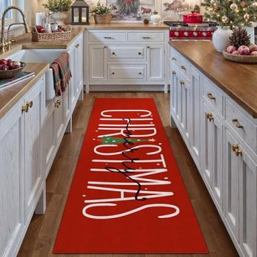 Imagem de HUGEAR Tapete de Natal 5 x 20 cm Lavável à máquina Tapetes decorativos de corredor de Natal Tapete de Pelo Baixo Vermelho/Verde Tapete de Porta de Natal Antiderrapante para Quarto, Cozinha, Entrada