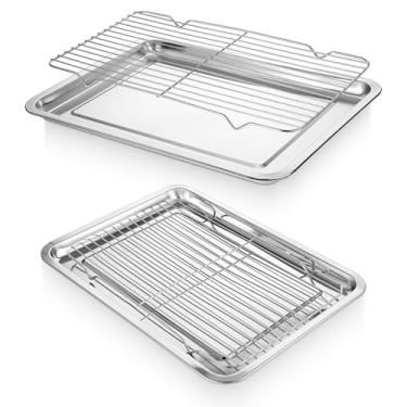 Imagem de Assadeira de aço inoxidável com grade de arame, conjunto de assadeiras resistentes, inclui 2 bandejas de cookies e 2 grades de resfriamento para forno, antiaderente, resistente a deformação