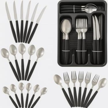 Imagem de Faqueiro Aço Inox 17 Peças com Porta Talher Organizador – Facas, Garfos e Colheres Resistentes com Cabos Ergonômicos, Ideal para Refeições Diárias, Jantares e Cozinha Moderna