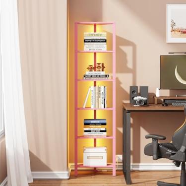 Imagem de TUTOTAK Prateleira de canto com luz LED, estante de canto de 6 camadas para espaço pequeno, suporte de prateleira de canto estreito com rack de armazenamento, para sala de estar, quarto, rosa