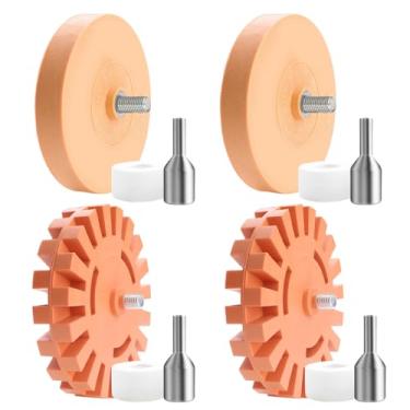 Imagem de Betinyar Pacote com 4 rodas de borracha, rodas removedoras de decalque de 10 cm com adaptador de broca, removedor para etiquetas, adesivos, gráficos, torneira, alcatrão