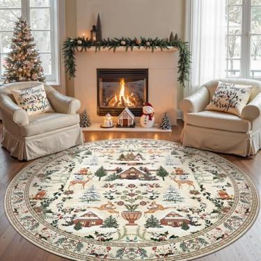 Imagem de jinchan Tapete redondo de Natal para sala de jantar 2,1 m círculo tapete de férias para sala de estar impresso cabine de árvore de Natal 2,8 m tapete interno macio para quarto lavável, antiderrapante