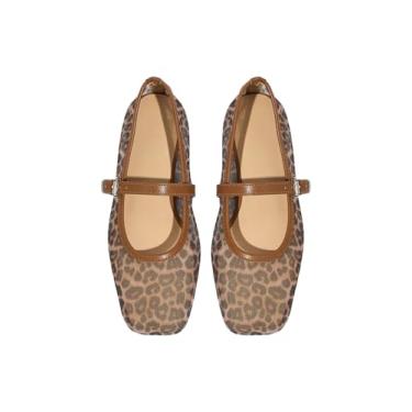 Imagem de GORGLITTER Sapatilhas femininas de malha leopardo bailarina bico fechado transparente elegante com alça de fivela, Marrom, 39