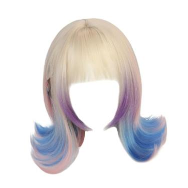 Imagem de oshhni Peruca Cosplay com 2 Clipes com Traje Azul Roxo Fantasia Loira Rosa Azul Ombré Peruca Curta para Festa de Halloween