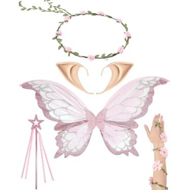 Imagem de RENEMEGO Conjunto de fantasia de asas de fada - 5 peças, coroa de flores, orelhas de elfo, asas de borboleta, braço de flor, varinha de elfo, fantasia de Halloween, rosa, Tamanho Único