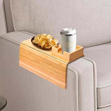 Imagem de Bandeja de braço de sofá, mesa dobrável de madeira para apoio de braço para sofá, suporte de copos, portátil, para lanches, telefone, TV, copos, controle remoto (cor de tronco)