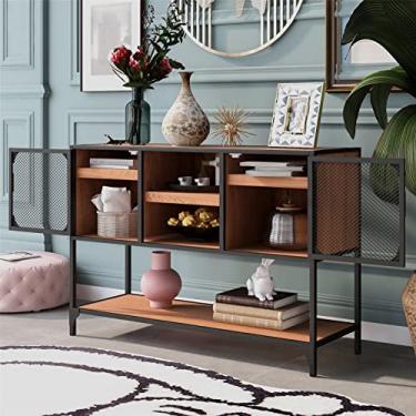 Imagem de Mesa de console industrial com porta de grade de metal e 3 prateleiras espessas, baú de armazenamento de móveis de escritório doméstico para entrada, corredor, sala de estar, sala de jantar, quarto