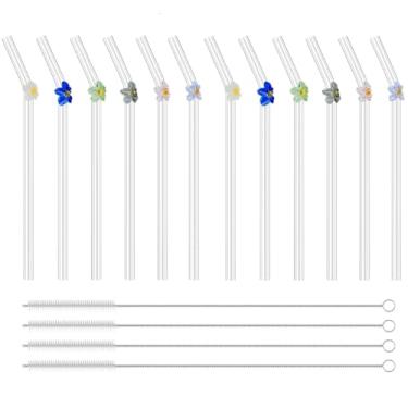 Imagem de 12 canudos reutilizáveis de vidro transparente com 4 peças de escova de limpeza, resistente ao calor, lindos canudos dobrados de flores para smoothies, chás, sucos, milkshakes, coquetéis (12 peças