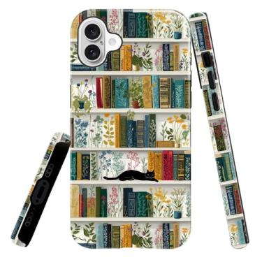 Imagem de heindiy Compatível com iPhone 16 Pro, capa brilhante, proteção total, à prova de choque, anti-arranhões, capa de TPU, capas para homem, mulher, prateleira de livros, plantas e gatos