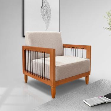 Imagem de Poltrona Sala de Estar Pés Madeira Maciça Corda Náutica Preta 75cm Manila Linho Areia Rústico G63 - Gran Belo