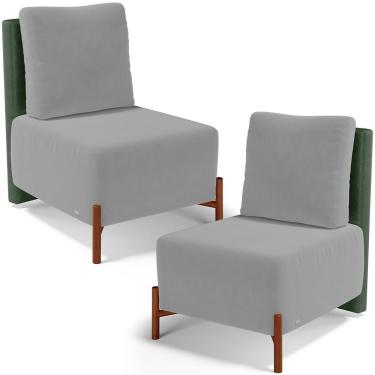 Imagem de Kit 02 Poltronas Decorativas Sala de Estar Living Pés Madeira Hungria L02 Couríssimo Verde Suede Cinza - Lyam