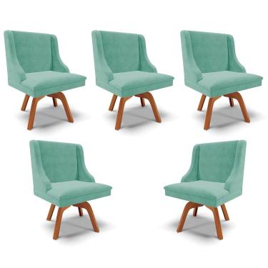 Imagem de Kit 5 Cadeiras Decorativas Sala de Jantar Base Giratória de Madeira Firenze Suede Azul Turquesa/Natural G19 - Gran Belo