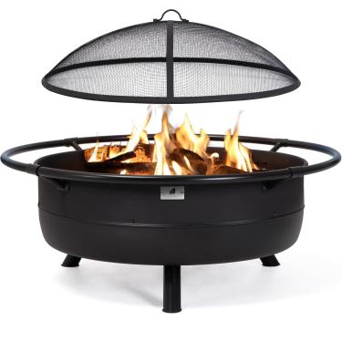 Imagem de SUNCREAT Fogueira portátil de 107 cm com tela de faísca, pôquer de fogo, fogueira de pátio a lenha com anel protetor, preta