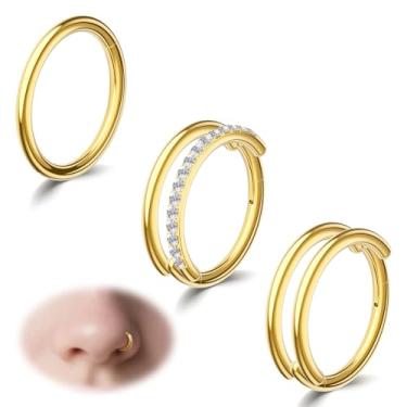 Imagem de davka Conjunto de 3 argolas de nariz douradas 18G - simples, simples e duplo com 1 zircônia - Aço hipoalergênico 316L para mulheres e homens, clique articulado para narina/septo/hélice/piercings de