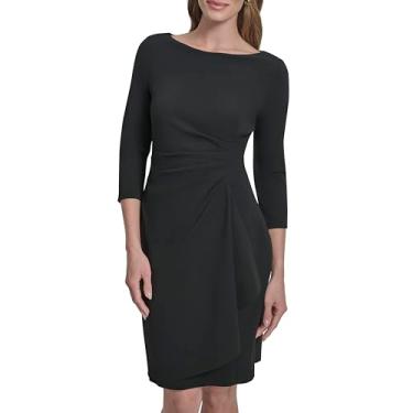 Imagem de DKNY Minivestido feminino com manga 3/4 e gola joia em crepe franzido, Preto, 50