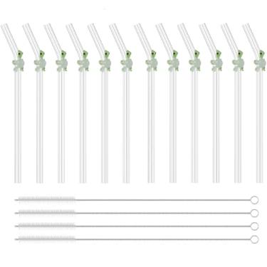 Imagem de 12 canudos reutilizáveis de vidro transparente com 4 peças de escova de limpeza, resistente ao calor, lindos canudos dobrados de flores para smoothies, chás, sucos, milkshakes, coquetéis (12 peças