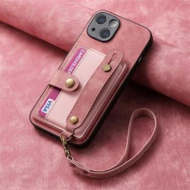 Imagem de Capa de telefone com suporte de couro PU com alça de pulso para iPhone 13 12 Mini 15 14 11 Pro Max XS X XR 8 7 Plus Carteira com capa de suporte de cartão, rosa, para iPhone 7Plus (8Plus)