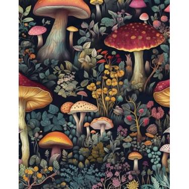 Imagem de BOKEBEVE Papel de parede de cogumelo descasque e cole papel de contato floral vintage folha papel de parede para quarto banheiro bancada removível impermeável preto colorido 17,5 x 196,5 pol