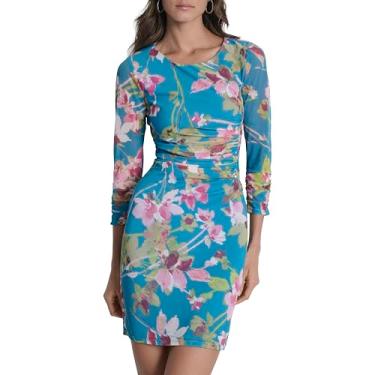 Imagem de DKNY Minivestido feminino com manga 3/4 e gola redonda franzida, Pavão multi, 42