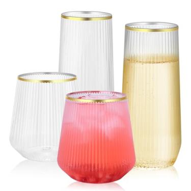 Imagem de Pacote com 48 copos de plástico – 24 taças de champanhe sem haste de 255 g e taças de vinho sem haste de 24 x 340 g – copo elegante descartável à prova de estilhaçamento – Copos sem BPA para