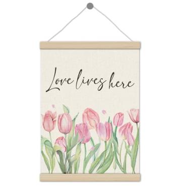 Imagem de Moldura para pôster cristão de tulipa rosa, 30,5 x 40,6 cm, decoração de parede com versículo bíblico, Love Lives Here, decoração de parede para igreja, casa, sala e escritório