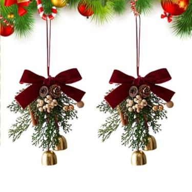 Imagem de 2 peças de laços de Natal com sinos e pinha, enfeite de árvore de Natal para pendurar, sinos de Natal para decoração, guirlanda de Natal, enfeite de laço de veludo vermelho para decoração de festa