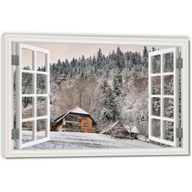 Imagem de Trees Turn WhiteImpressão em tela de janela falsa imersiva, arte de parede cênica virtual para decoração de sala de estar 59,9 x 75 cm emoldurada