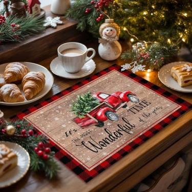 Imagem de Conjunto de 6 jogos americanos de caminhão para Natal, vintage, casa de fazenda, sala de jantar, tolerante ao calor, tapetes de linho lavável, pano dobrável para cozinha, mesa, festa, decoração de