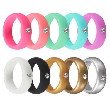 Imagem de YELARXI Anéis de silicone com strass, aliança de casamento de borracha, anéis de noivado masculinos e femininos - adequado para (esportes ao ar livre/academia/noivado/casamento/lembrança), 10 peças