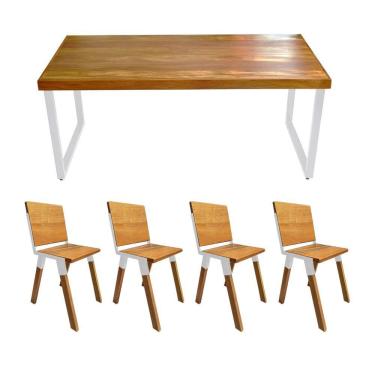 Imagem de Conjunto Mesa Industrial Bernardo Madeira Maciça 1,30mx80cm C- Ferragem Branca E 4 Cadeiras Detroit Marrom