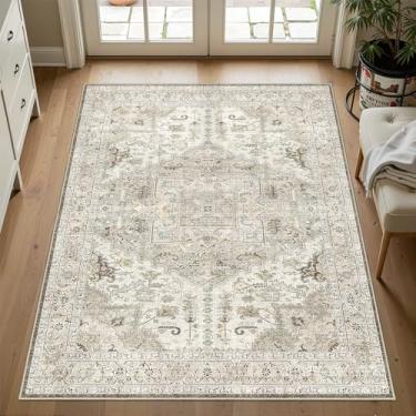 Imagem de xilixili Tapete de 7 x 12 cm, tapetes laváveis ultrafinos para sala de estar, tapete de entrada resistente a manchas, tapetes de área antiderrapantes, tapetes pequenos vintage (marrom/marfim, 90 x 1,5