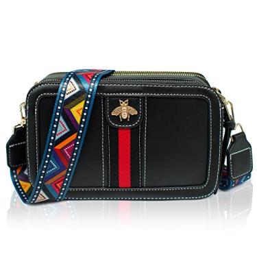 Imagem de Beatfull Bolsa tiracolo de designer, bolsa de ombro de abelha para mulheres, moderna, alça larga para câmera, bolsa de mão de couro PU, preta, grande