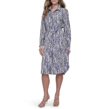 Imagem de DKNY Vestido midi feminino de manga comprida com gola e cinto, Azul-marinho/Tanino Multi, 36