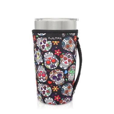 Imagem de Capa de copo com mangas isoladas de neoprene compatível com copo de 590 ml, YETI Rambler de 590 ml, SUNWILL, RTIC, Trenta, a maioria das xícaras de café gelado (crânio de açúcar floral)