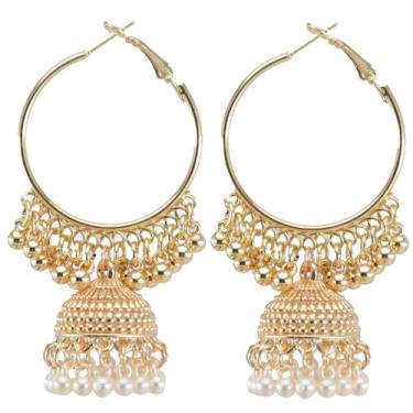 Imagem de Brincos de argola estilo indiano com pingente de bola de pérola sintética Jhunka Bell para mulheres, boêmio, tradicional, oxidado, étnico, bollywood, candelabro de bollywood, brinco de argola vintage