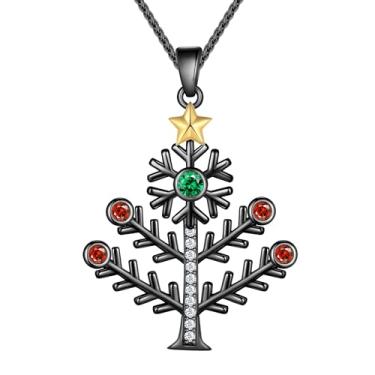 Imagem de beautlace Colar de árvore de Natal banhado a prata/preto, joia festiva de Natal com pingente de floco de neve com pedra do mês de nascimento para mulheres, filhas, amigas KP0256, One size, Cobre