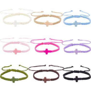 Imagem de DICOSMETIC 9 peças 9 cores pulseira de cruz cristã ajustável cruz sorte pulseiras amizade cristã casal corda trançada ajustável com cruzes turquesa para mulheres e homens