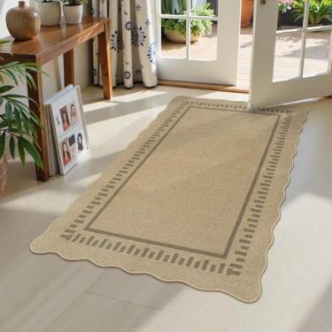 Imagem de LIVEBOX Tapete recortado lavável 7,5 x 12,7 cm, tapete de juta bege fácil para entrada e quarto, tapetes de casa de fazenda antiderrapantes para sala de estar, tapete geométrico morden tapete de porta