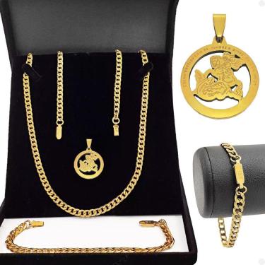 Imagem de Pulseira + Pingente São Jorge + Corrente Aço Inox Banhada Casual Moda Masculina Grumet Religioso