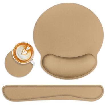 Imagem de Britimes Conjunto de mouse pad ergonômico marrom com descanso de pulso marrom base de borracha antiderrapante suporte de almofada de pulso e porta-copos base de poliuretano mousepad com suporte de