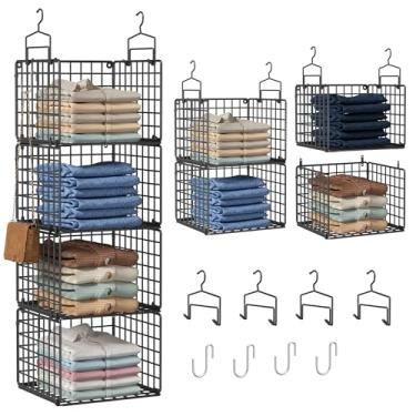 Imagem de Orapoke Organizador de armário suspenso, organizadores de armário de metal de 4 camadas e armazenamento com 4 ganchos para pendurar, 4 ganchos em S para guarda-roupa, lavanderia, prateleira de