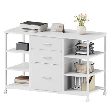 Imagem de YeTom Armário de arquivo móvel, armário de arquivo lateral com 3 gavetas de tecido, suporte para impressora com 4 prateleiras de armazenamento abertas para escritório em casa, branco