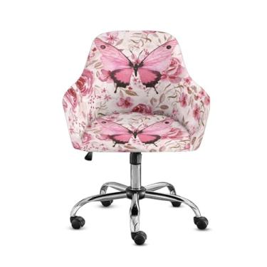 Imagem de Cugasmaru Capas de borboleta para cadeiras giratórias para sala de estar e sala de jantar, capas de cadeira rosa floral capa de banco de bar com braços - protetor extensível cobertura total