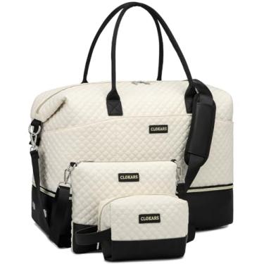 Imagem de CLOKARS Bolsa de viagem feminina, bolsa de fim de semana com bolsa transversal e bolsa de higiene pessoal, Bege preto-2, Medium, Bolsa de viagem de fim de semana